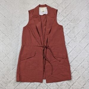 Anthropologie Elevenses Vest Women's M Red Rust Old Town Long Open Front Tie